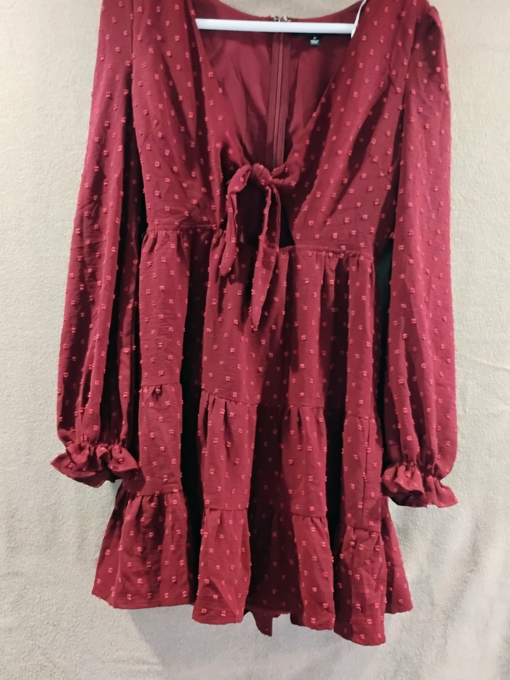 Lulu's Burgundy Tie-Front Tiered Long-Sleeve Dress
